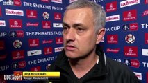 Jose Mourinho reacts to Ander Herrera's red card as he speaks after Man United's FA Cup defeat to Chelsea