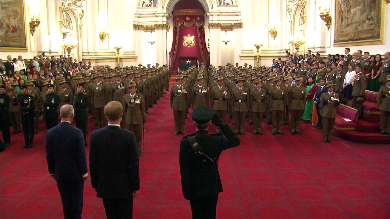 Charles and Harry honour Gurkhas at Buckingham Palace