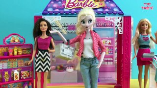 Grocery Shopping! Elsa & Anna kids shop at Barbie's Grocery Store  Barbie Car  Candy Haul