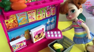 Grocery Shopping! Elsa & Anna kids shop at Barbie's Groce