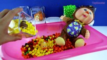 BABY DOLL BATH TIME! Learn Colors with Toy Surprise Skittles Cups & Baby Monkey [SC]