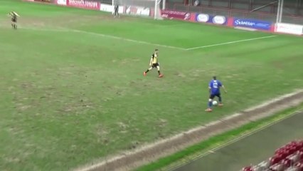 Harrogate Town defender kicks wide with chance that is harder to miss