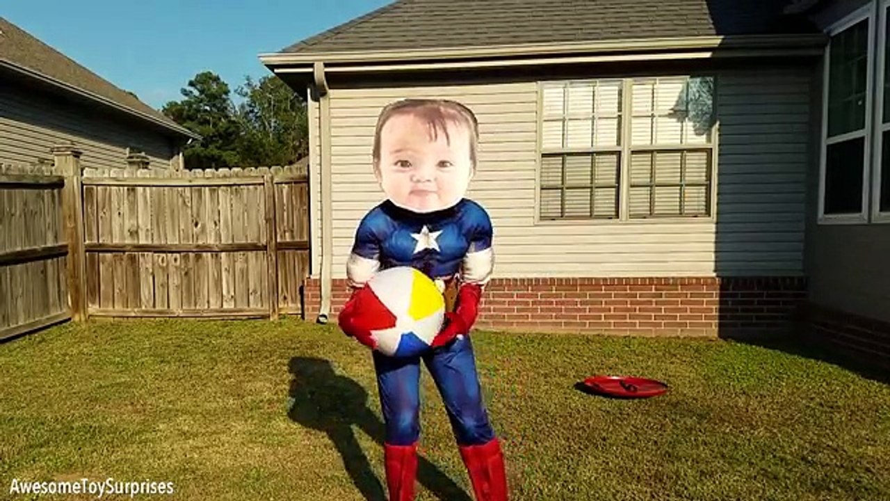 Captain America and Crying Superman Superhero Babies in Real Life Play with Inflatable Bal