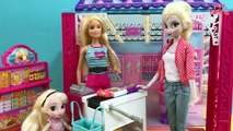 Grocery Shopping! Elsa & Anna kids shop at Barbie's Grocery Store  Barbie Ca