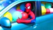 Spiderman BALLOON PRANK! w- Frozen Elsa, Pink Spidergirl Maleficent Joker Bubble Gum Superhero Video