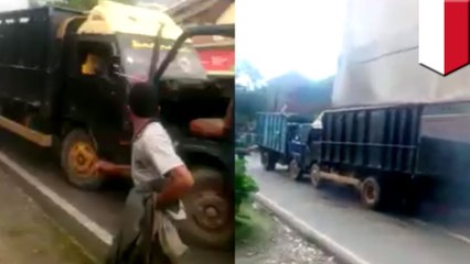 Idiot truckers lose it when each refuses to back up on single-lane road