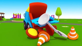 Car cartoon and animation for kids. Leo the truck builds a n