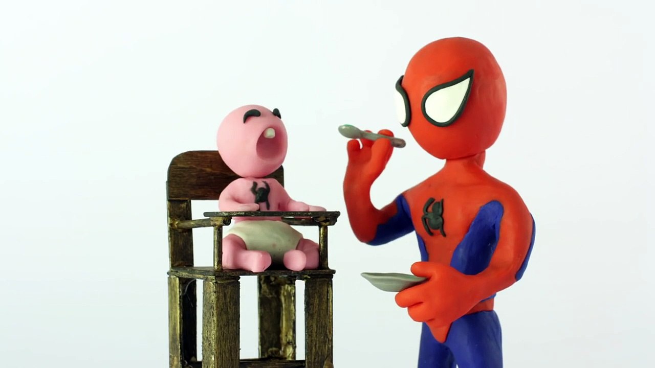 Baby vomits on spiderman superheroes Stop motion Play Doh claymation animation video-E8LFCdBj