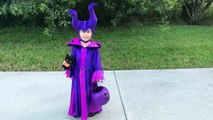 Evil Girl Maleficent, Paw Patrol Marshall & Captain America go Trick or Treating on Halloween-a