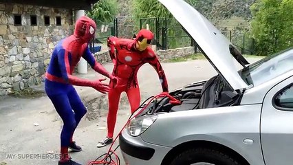 Spiderman and his new Car ft Iron Man Superhero Fun REAL LIFE Movie