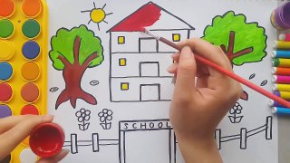 How to Draw School House for Kids, Coloring Sunshine and Animals