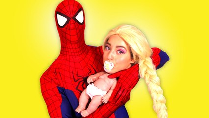 Frozen Elsa is a BABY! w- Spiderman Pink Spidergirl Anna Cinderella Kristoff! Funny Superhero Video