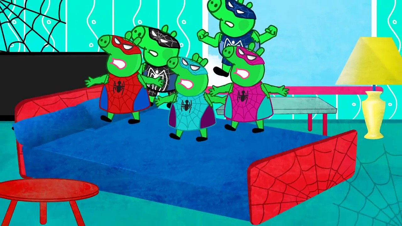 PEPPA PIG HULK COSTUMES SINGING 5 LITTLE MONKEYS JUMPING ON THE BED NURSERY RHYME WITH LYR