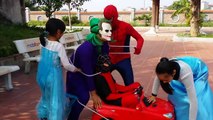 RECKLESS JOKER Crushes SpiderBaby Balloon Under Car! w/ Spiderman Hulk & Power Wheels in R