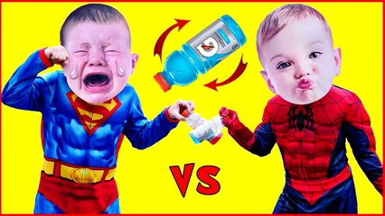 BOTTLE FLIP CHALLENGE Crying Babies SPIDERMAN VS SUPERMAN Superheroes in Real Life Crying Baby-r4MJ