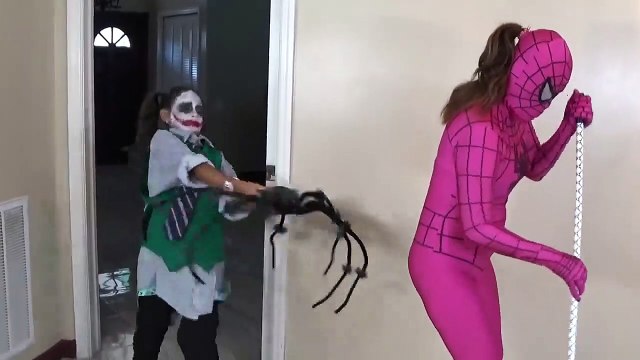 PINK SPIDERGIRL'S BIG BUTT!! Giant Spider Attack w_ Joker Girl and Frozen Elsa IRL-a2nIo