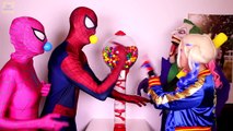 Spiderman, Frozen Elsa & Pink Spidergirl vs Joker! with Giant Candy! Superhero Fun in Real