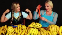 Frozen Elsa vs Anna BANANA CHALLENGE Food Fight w _ Spiderman Joker Maleficent - Superhero Fun IRL-IN