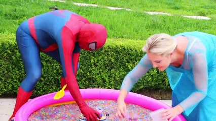 Frozen Elsa & Spiderman Buried Head in Orbeez sand surprise vs Joker Pranks Fun Superhero Real Life--Nwprb
