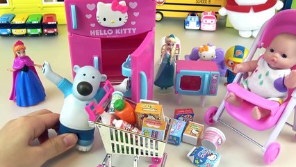Baby doll clean house with Hello Kitty vacuum machine and cleaning kit toys