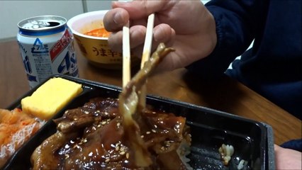 【コンビニ弁当】　焼肉トラジ監修　牛焼肉重を喰う！　【サークルK】"Japanese lunch box & Instant noodle & beer"