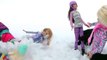 SNOWBOARDING! Barbie, Chelsea, Stacie & Skipper SLIDE with the TOBOGGAN Fun in the Snow!
