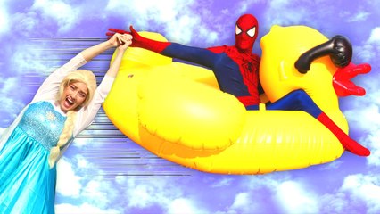 Frozen Elsa & Spiderman Fly a GIANT DUCK! w- Pink Spidergirl Joker Batman Maleficent! Superhero Fun