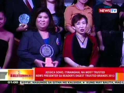 BT: Jessica Soho, itinanghal na Most Trusted News Presenter sa Reader's Digest Trusted Brands 2012