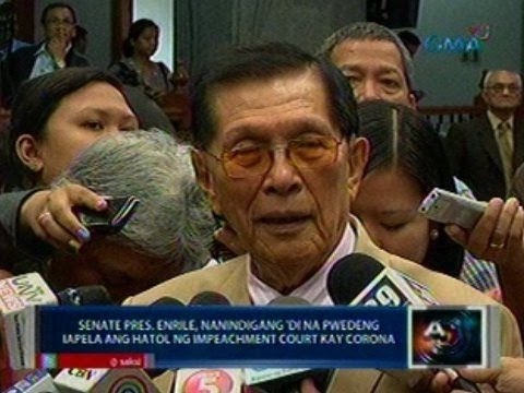 Saksi: Sen. Pres. Enrile, nanindigang 'di na pwedeng iapela ang hatol kay Corona