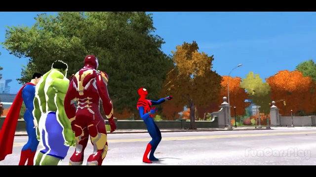 Spiderman vs Batman & Superman, Hulk School Bus McQueen Cars w/ Children Nursery Rhyme wit