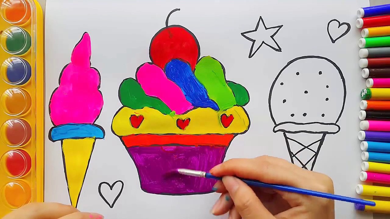 Teach Drawing Cake, Ice Cream to Kids - Coloring Pages Bows for Learning Colors