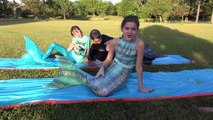 Fin Fun MERMAID Slime Bucket Challenge | Mermaid Slip n Slide | GREEN SLIME