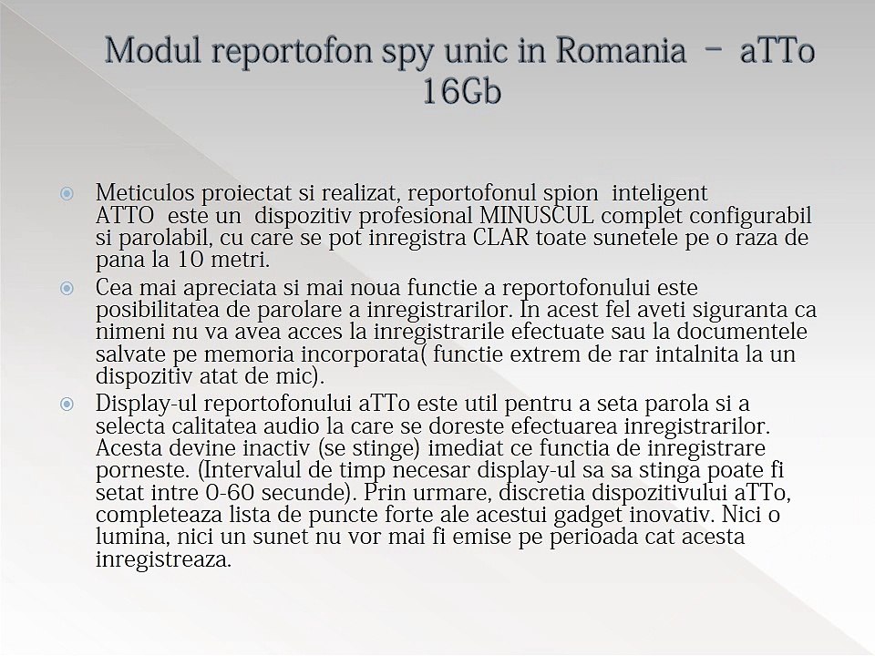 Reportofon pentru Spionaj cu Parola si Activare Vocala Setabila , Memorie 16Gb - 1144 de ore - 1536 kbps, aTTo 16