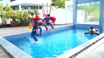 Spiderman, Frozen Elsa & Anna, Maleficent bikini bathing in the pool Funny Superheroes in Real Life (2)