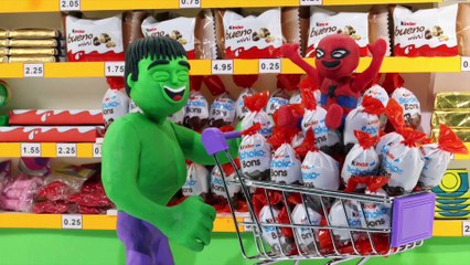 Minions Banana Swallowing Kinder Surprise Eggs at SUPERMARKET & Frozen Spiderman Hulk Stop Motion