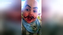 Father draws moustache and eyebrows on baby while mum is away