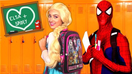 Spiderman & Frozen Elsa Back to School! w- Pink Spidergirl Joker Hulk Anna! Funny Superhero Video -)