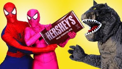 Spiderman & Pink Spidergirl vs Godzilla / T-Rex! w/ Frozen Elsa, mermaids & Joker! Superhero Fun :)