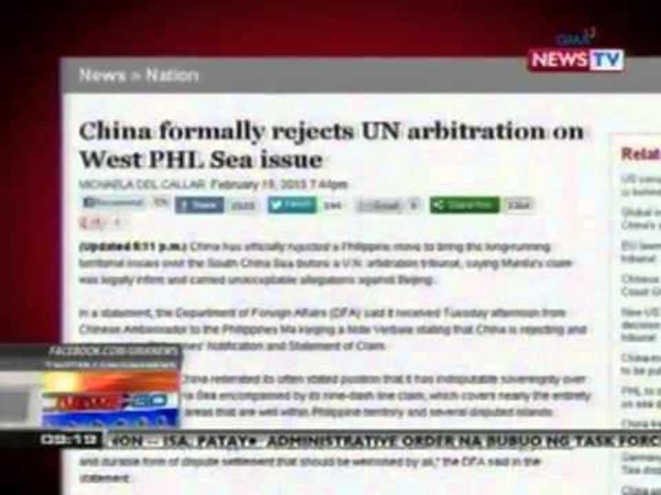 GMA News Online Banner Story: China formally rejects UN arbitration on West Phl Sea issue