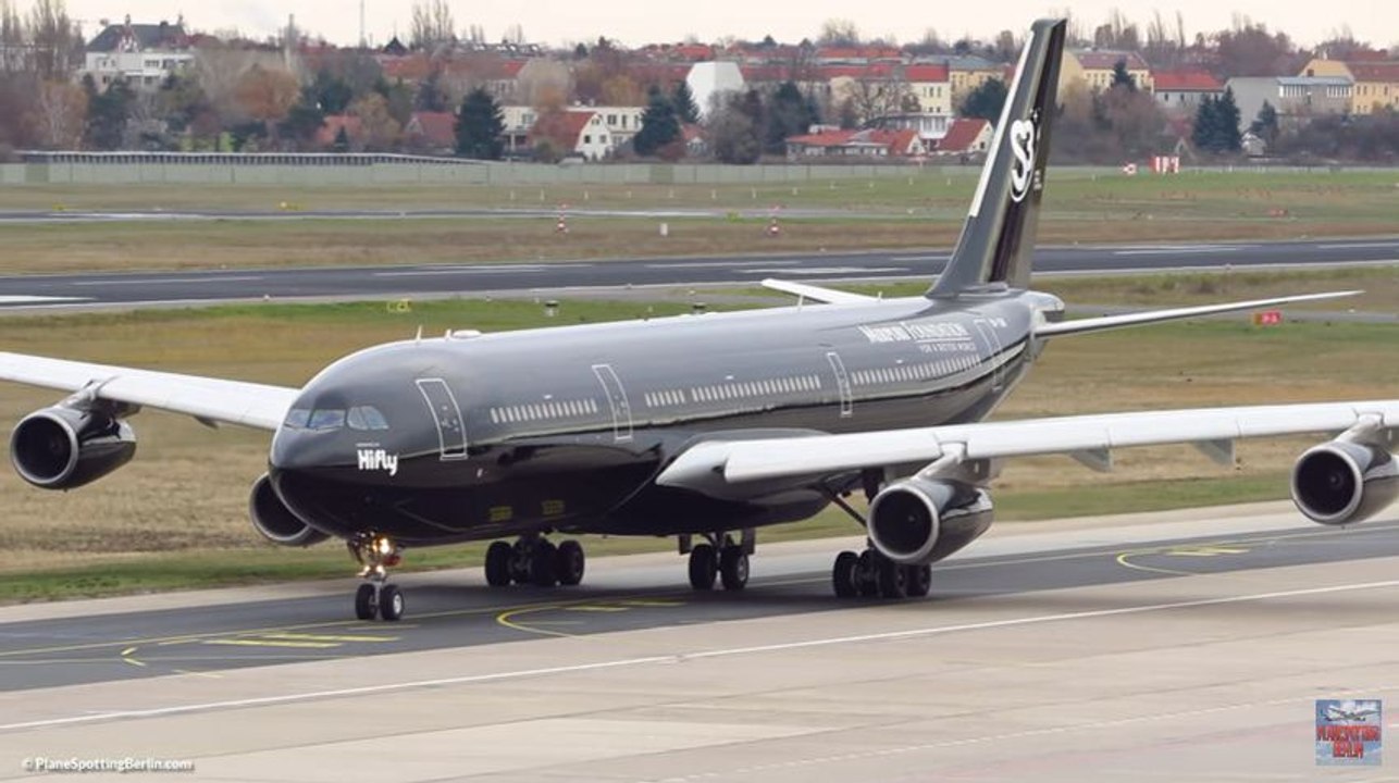 RARE! HiFly Airbus A340-300 ALL BLACK [9H-TQM] HEAVY Takeoff from Berlin Tegel (TXL) [Full HD]
