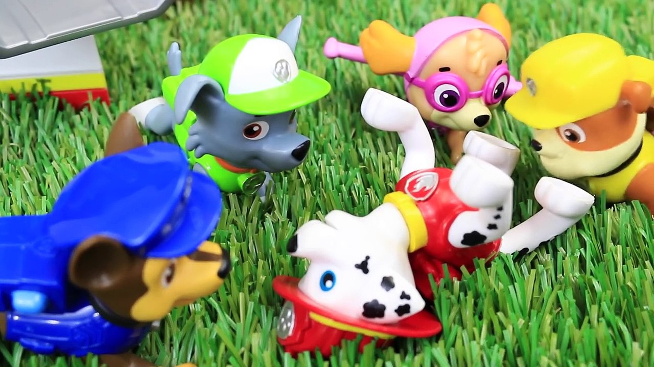 Paw Patrol Chase Instructs Rubble and Skye in Look-Out Play Set while Marshall Gets Hurt o