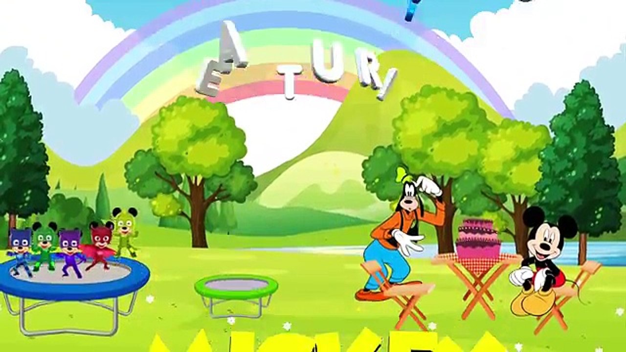 Five Little PJ Masks Mickey Mouse Jumping on the Bed at the Park. and cake leaped ! HD Yob