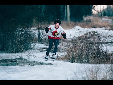 Man Ice Skates on a Frozen Ditch in Ontario