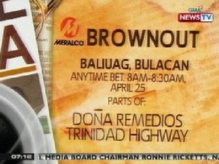 KB: Brownout advisory sa ilang lugar sa Baliuag, Bulacan (April 25, 2013)