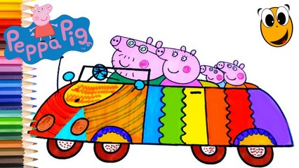 PEPPA PIG family car Coloring Book Pages Kids Videos for Children Learning Rainbow Colors