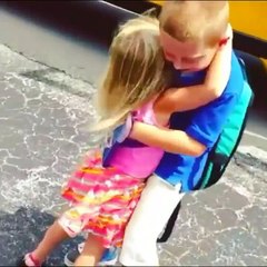 Little girl greets her big brother with hugs