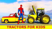 Spiderman Repairs Color Tractors for Kids - Cars Cartoon with Trucks and Nursery Rhymes Songs