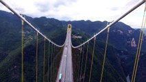 Aerial footage of the world's longest suspension bridge in China