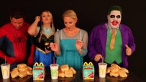 Frozen Elsa & Spiderman McDONALD'S CHALLENGE! w_ Joker Maleficent Princess Anna Toys! Superhero Fun-1lbPL1