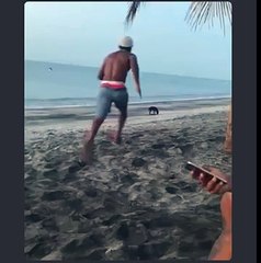 Il tente d'embêter un chien sur la plage, mais le karma intervient